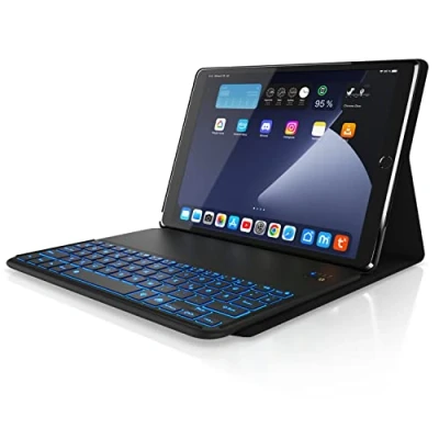 Abbildung von CSL Bluetooth Tastatur kompatibel mit Tablet iPad Pro 10.5/ Air3 10.5 Kunstleder Keyboard Tastaturbeleuchtung 7 Farben Funktionstasten QWERTZ Layout