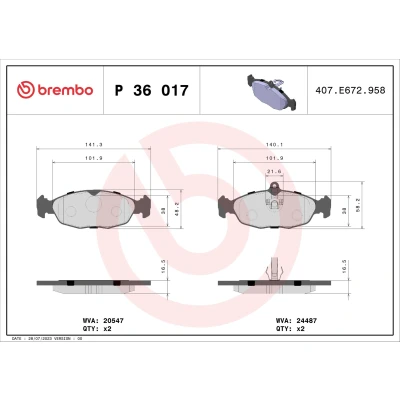 Abbildung von BREMBO P 36 017 Bremsbelagsatz für Verschleißwarnanzeiger vorbereitet mit Kolbenclip ohne Zubehör JAGUAR: XK 8 Cabrio, XJ Limousine, Coupe