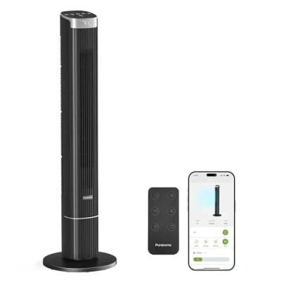 Abbildung von Pureborne 102CM Leiser Ventilator, 90 schwenkender Turmventilator mit Fernbedienung &amp; App Steuerung, Blätterloser 4 Stufen Modi, 12h Timer Turmventilatoren für Schlafzimmer (Schwarz)