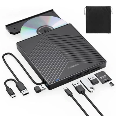 Abbildung von ORIGBELIE Externes DVD Laufwerk, ultraflacher CD Brenner USB 3.0 mit 4 Anschlüssen und 2 TF/SD Kartensteckplätzen, Plug and Play Laufwerk für Laptop Mac, PC Windows 11/10/8/7 Linux OS