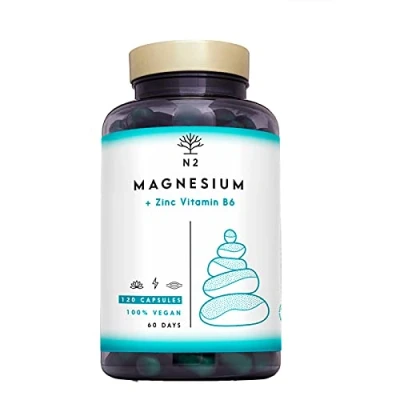 Abbildung von Magnesium Hochdosiert Kapseln Zink Vitamin B6 Komplex Muskelfunktion, Energie, Verringerte Müdigkeit Schlaf Supplement Hoch Bioverfügbar. 120 Kapseln. Vegan. EU N2 Natural Nutrition