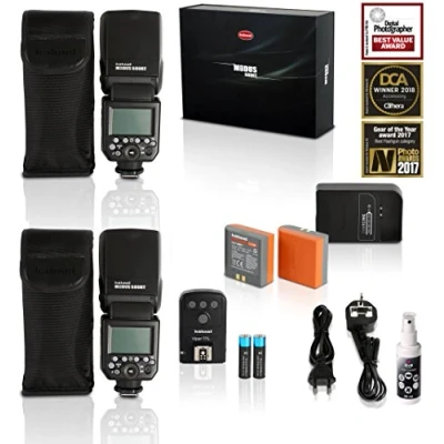 Abbildung von Hähnel Modus 600RT Pro Kit 2X Systemblitzgerät inkl. Viper TTL Sender für Canon Plus Reinigungsspray