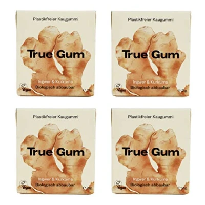 Abbildung von True Gum 4er SET: INGWER &amp; KURKUMA / Plastikfreier Kaugummi Biologisch Abbaubar Vegan 4 x 21 g, 84 g