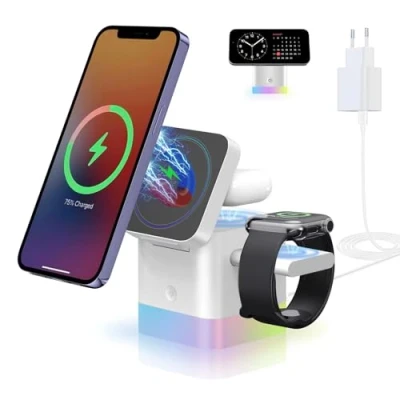 Abbildung von 3 in 1 Würfel kabelloses Ladegerät, Faltbarer Ladeständer, 15W schnelle drahtlose Ladestation kompatibel mit MagSafe Ladegerät für iPhone 15/14/13/12 Serie, Apple Watch, AirPods (Adapter enthalten)