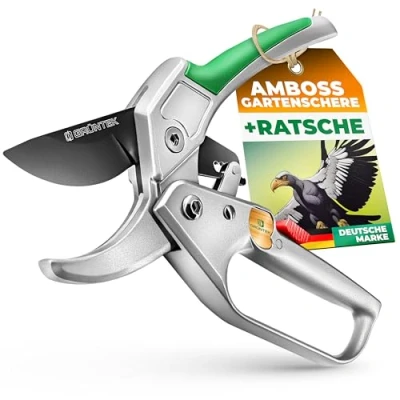 Abbildung von GRÜNTEK Gartenschere Amboss Strauchschere KONDOR 200 mm, automatisch zugeschaltete Ratsche, (Set, inkl. Ölschwamm und Schärfer), bis Ø24 SK5 Klinge, Aluminium Griffe mit PVC Beschichtung