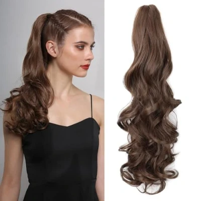Abbildung von RPAEOY Klauen Clip Pferdeschwanz Verlängerung 22 Zoll Lange Lockige Wellige in Natürliche Synthetische Haarverlängerungen Haarteile Ponytail Extension für Damen Frauen (Dunkelbraun)