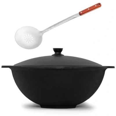 Abbildung von 4BIG.fun Grilltopf Gusseisen Kasan 10L Alu Deckel WOK Schaumkelle, (Gusseisener mit und Schaumkelle)