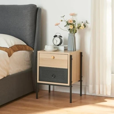 Abbildung von [en.casa] Nachttisch Tysnes Beistelltisch mit 2 Schubladen Nachtschrank Eichenoptik/Schwarz Nachtkästchen 39 x 35 47 cm Nachtkommode Metallgestell