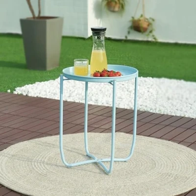Abbildung von [en.casa] Outdoor Beistelltisch Sandefjord Tabletttisch Balkontisch mit abnehmbarem Tablett Himmelblau Gartentisch 53 x Ø40 cm rund Indoor Metalltisch