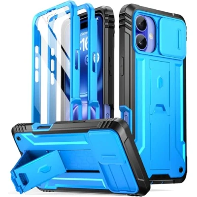 Abbildung von POETIC Revolution Hülle für iPhone 16 Plus 6,7 Zoll, [Schiebe Kamera Abdeckung], Ganzkörper in Militärqualität, robust, stoßfest, mit Ständer und integriertem Displayschutz, Hellblau
