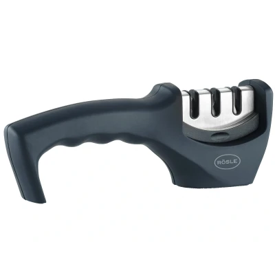 Abbildung von RÖSLE Messerschärfer, 3 Stufen, Schleifkopf wechselbar, stabiler Stand, ergonomischer Griff