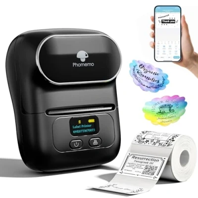 Abbildung von Phomemo Etikettendrucker Bluetooth M110 Selbstklebend Thermo Beschriftungsgerät,Tragbarer Label Printer für Barcode,Einzelhandel,Büro,Kompatibel mit Telefonen und PC System Schwarz
