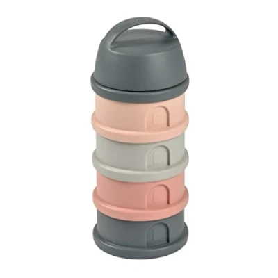 Abbildung von BÉABA, stapelbare Dosierboxen für Milchpulver, 100% luftdicht, 4 Fächer, großes Fassungsvermögen, auch als Snackboxen verwendbar, Mineralgrau/Rosa