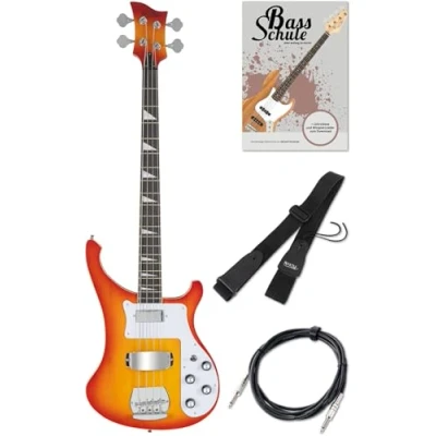 Abbildung von Rocktile Pro RB 400R Redneck E Bass Set (4 saiter Longscale mit 2 Pickups, Single Coil &amp; Griffbrett Perloid Inlays, inkl. Gitarrengurt, Kabel Schule DVD) Red Sunburst