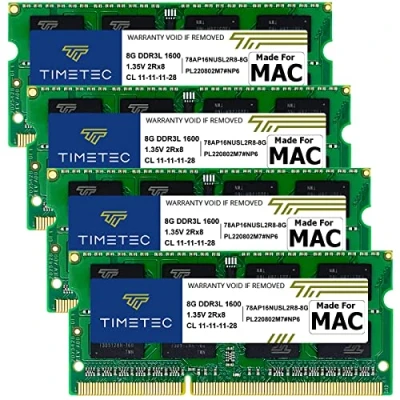 Abbildung von Timetec 32GB KIT (4x8GB) kompatibel für Apple DDR3L 1600MHz PC3L 12800 CL11 iMac (Mitte 2011, Ende 2012, 2013, 2014 Retina 5K, Mitte 2015 5K) SODIMM Speichermodul MAC RAM Upgrade
