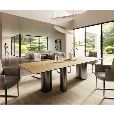 Abbildung von Esstisch Edge 300x100 Keramik Laminam® Sabbia Eichefarbig Troa Edelstahl Graphit