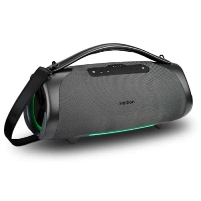 Abbildung von MEDION P61768 tragbarer Bluetooth Lautsprecher (Akku, Bass Boost, RGB Lichteffekte, IPX7 Wasserschutz &amp; robust, integrierte Powerbank, 2X 25 W + 50 RMS) Blau