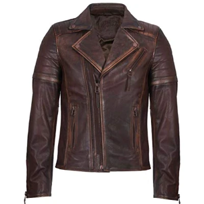 Abbildung von Infinity Leather Herren Braun Schlank Fit Kreuz Zip Jahrgang Brando Bikerjacke aus Leder 4XL