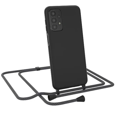 Abbildung von EAZY CASE Premium Silikon Handykette kompatibel mit Samsung Galaxy A23 5G Handyhülle Kette und Kameraschutz, weich TPU Hülle in Schwarz Kordel Anthrazit Clips Black