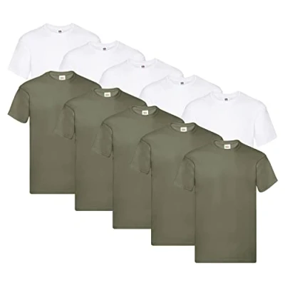 Abbildung von Fruit of the Loom Original T Shirt, Farbe:5X Weiss + 5X Olive 1 HL Kauf Notizblock, Größe:XXL