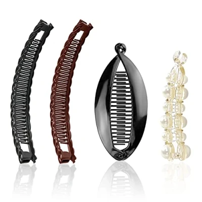 Abbildung von 4 Pcs Banana Hair Clips, Double Combs Fishtail Pearl Clip Accessories, Retro Plastic Comb Grips DIY Hairstyles, for Thick Fluffy Hair, Curly Hair.