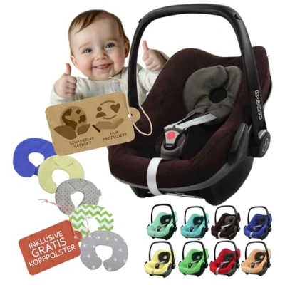 Abbildung von Frottee Sommerbezug [Schonbezug für Babyschale] Autositz kompatibel mit Maxi Cosi Pebble und Plus + GRATIS Kopfpolster (braun)