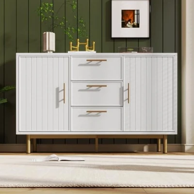 Abbildung von Merax Sideboard Kommode mit 2 Türen und 3 Schubladen, Weiß Modern Buffetschrank Beistellschrank viel Stauraum, Verstellbare Ablage, Metallbeinen, für Flur Schlafzimmer Wohnzimmer, 120x40x75cm