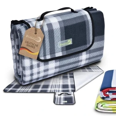 Abbildung von Beautissu XXL Picknickdecke Wasserdicht Isoliert Bella Tragbare Stranddecke 200x200 cm kompakt Strandmatte Outdoor Decke für Camping, Strand oder Schwimmbad Picnic Blanket Campingdecke Grau