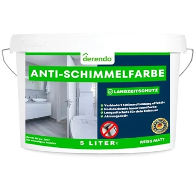 Abbildung von derendo Anti Schimmelfarbe 2.0 für feuchte Räume Badezimmer Schlafzimmer Wandfarbe innen weiß mit sehr hohe Deckkraft Schimmelbeseitigung Schimmelentferner Langzeitschutz (5 Liter)