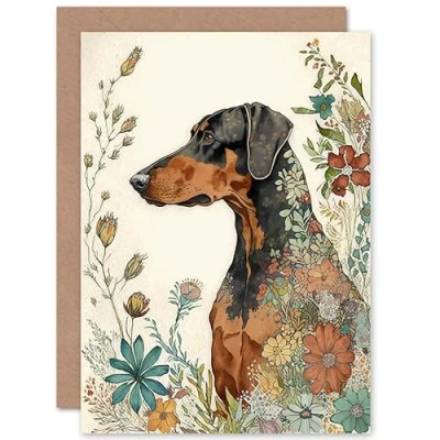 Abbildung von Artery8 Doberman Dog with Spring Flowers Colourful Watercolour Illustration Art Birthday Sealed Greeting Card Plus Envelope Blank inside