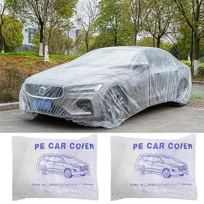 Abbildung von 2 Stück Einweg Autoabdeckung Mit Gummiband Klarer Kunststoff Universelle Autoabdeckungen Regen Staub Garage Abdeckung Wasserdicht Zwischenlagerung Autoplanen
