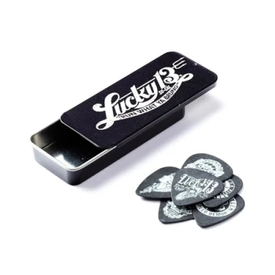 Abbildung von JIM DUNLOP Plektrum Lucky 13 serie III, Schachtel aus Metall mit 6 Stück, 0,73mm, Lucky2, Schwarz