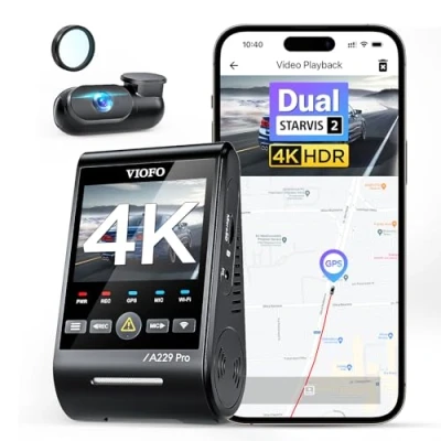 Abbildung von VIOFO A229 Pro 4K + 2K Dual STARVIS 2, HDR Vorne hinten Dashcam Auto, Sprachsteurung &amp; 5GHz Wi Fi Wlan Autokamera, Ultrapräzises GPS mit CPL Filter, Super Nachtsicht 2.0, Sprachausgabe, bis 512 GB Max
