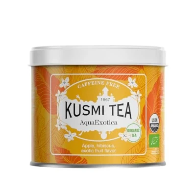 Abbildung von Kusmi Tea AquaExotica Bio Mischung aus Hibiskus, Mango, Drachenfrucht und Apfel Früchtetee ohne Theine Heiß oder als Eistee genießen 100g Metalldose für etwa 50 Tassen