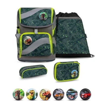Abbildung von Belmil Smarty Schulranzen Set 5 teilig Green Splash mit Brustgurt, Hüftgurt, Magnetverschluss, Patch 6 Stück