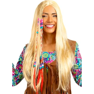 Abbildung von Funidelia Hippie Perücke blond für Herren und Damen De jaren &#039;60, Hippie, Flower power, Berufe Zubehör Erwachsene, Kostüm Weiß