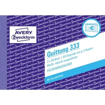 Abbildung von Avery Zweckform Formularblock 333 Quittung A6 quer mit MwSt 3x50Blatt
