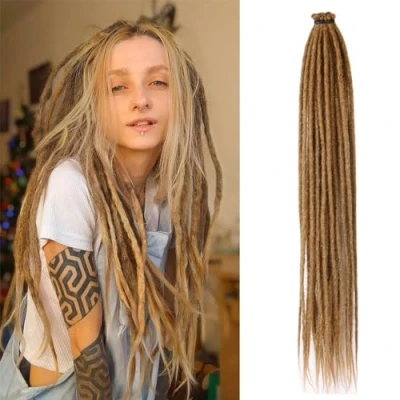 Abbildung von Dreadlocks Extensions 24 Zoll Synthetische Hippie Single Ended Dreads 20 Strähnen Linght Brown 0,6 cm Breite Loc Reggae Style Häkelhaar für Frauen (27)