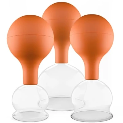 Abbildung von Pulox Schröpfgläser Set aus Echtglas mit Saugball 3x Medizinisches Schröpfglas in Braun 40mm, 52mm, 62mm