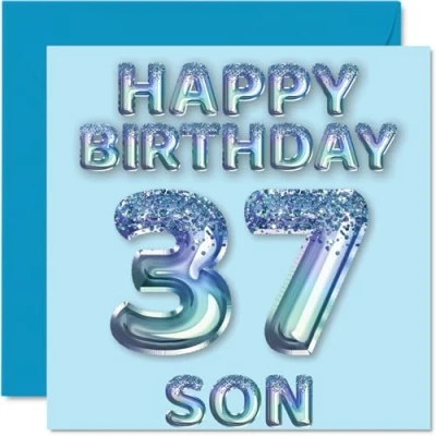 Abbildung von Stuff4 Geburtstagskarte zum 37. Geburtstag für Sohn, blaue Glitzer Party Luftballons, Happy Birthday Karten den von Mama Papa Eltern, 145 mm x