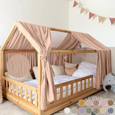 Abbildung von lilimaus Betthimmel Musselin Hausbett Himmel für Kinderzimmer Baumwolle Gold Vorhang, aus Deko