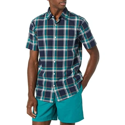 Abbildung von Amazon Essentials Herren Kurzärmeliges Hemd aus Popeline, Schmale Passform, Marineblau Grün Karomuster, M