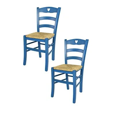 Abbildung von t m c s Tommychairs 2er Set Stühle Cuore für Küche und Esszimmer, Robuste Struktur aus Buchenholz, in Anilinfarbe Blau lackiert Sitzfläche Stroh
