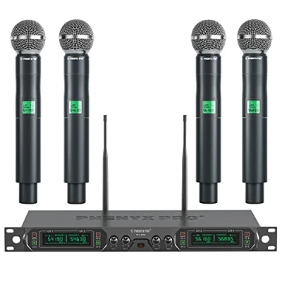 Abbildung von Phenyx Pro Mikrofon kabellos,4 Kanal Karaoke Mikrofon,Kabelloses Festfrequenz Metall Funkmikrofon mit 4 Handmikrofonen für Gesang, Kirche, DJ (PTU 5000A)