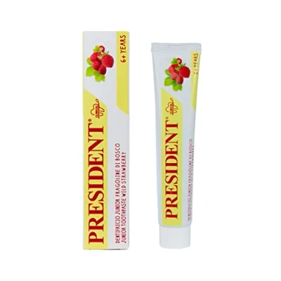 Abbildung von President Zahnpasta JUNIOR 6+ für Kinder ab sechs Jahren. Geschmack Erdbeeren, Antikaria, schützt Zahnfleisch und Zahnschmelz, ohne Parabene, SLS, Allergene PEG RDA 30 50 ml