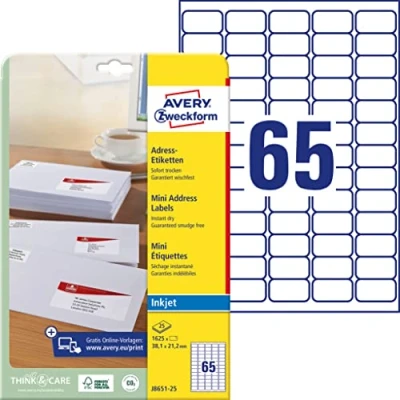 Abbildung von AVERY Zweckform J8651 25 Adressetiketten/Adressaufkleber (1.625 Etiketten, 38,1x21,2mm auf A4, bedruckbar, selbstklebend, für Absenderetiketten, Papier matt, Inkjet Drucker) Blatt, weiß