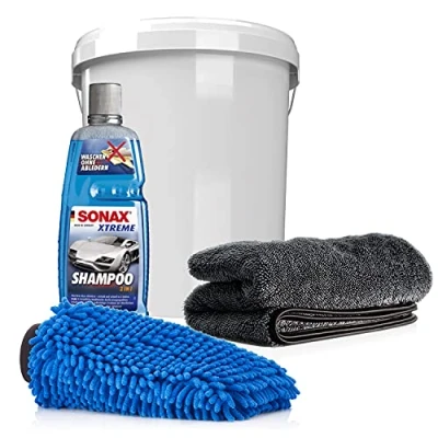 Abbildung von detailmate Auto &amp; Motorrad Wasch Set: SONAX 2in1 Shampoo 1L + Wascheimer mit passendem Deckel Mikrofaser Chenille Waschhandschuh saugstarkes Trockentuch, 50x80cm, 1000GSM