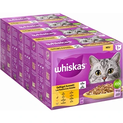 Abbildung von Whiskas 1 + Katzenfutter Geflügel Auswahl in Gelee, 12x85g (4 Packungen) Hochwertiges Nassfutter für ausgewachsene Katzen 48 Portionsbeuteln
