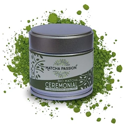 Abbildung von Matcha PASSION Bio Ceremonial 30g Pulver Zeremonie Qualität aus Kagoshima Japan purer Genuß oder Mischgetränke wie Latte Vegan Superfood