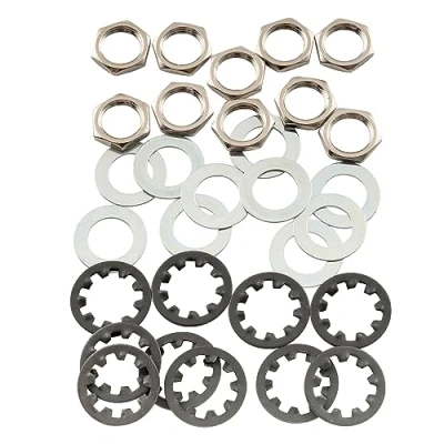 Abbildung von Musiclily Pro 3/8 Zoll Stahl Gitarren Potis Unterlegscheibe und Sechskantmutter Zahnscheibe Set für USA Gewinde CTS Switchcraft Klinkenbuchsen, Nickel(10er Set)
